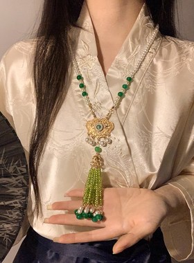 新中式国a风吊坠珍珠项链女背云流苏禅意汉服旗袍马面裙配饰长款