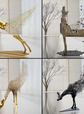 镂空铁艺鹿雕塑酒店大堂艺术摆件足浴店样板间售楼部动物麋鹿装饰