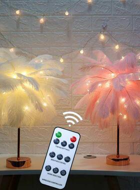 北欧少女卧室床头灯温馨小台灯浪漫创意羽毛灯结婚婚房网红灯装饰