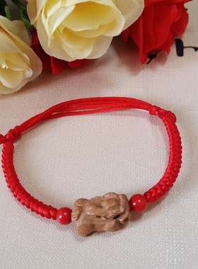 极速桃木花手链j葫芦貔貅婴儿童宝宝手工编织本命年女龙年朱砂红