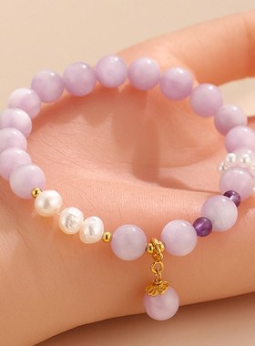 新品925银紫锂辉淡水珍珠贝珠串珠手链女小众紫水晶手串手饰