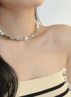 个性弧形拼接珍珠项链女设计感百搭颈链轻奢高级感锁骨链配饰新品