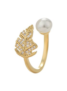 韩国小众设计感开口戒指女2024年新款锆石叶子指环个性珍珠食指戒