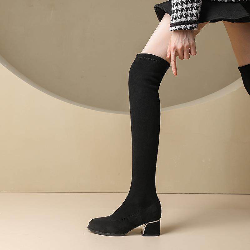 不筒过膝长筒靴女2023秋冬加绒羊猄绒高靴粗中跟显瘦弹力长靴,淘宝优惠券,粉丝福利购,淘宝优惠卷