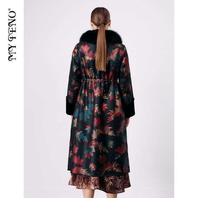 Ma Tiannu contrasting color printed fur collar sable coat