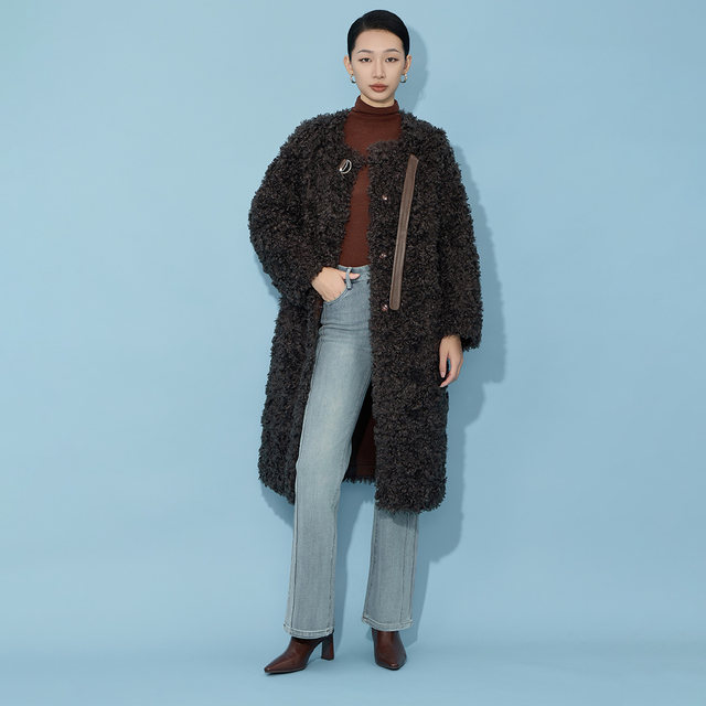 马天奴秋冬新款棕色金貂绒外套圆领长款仿皮草大衣轻奢保暖