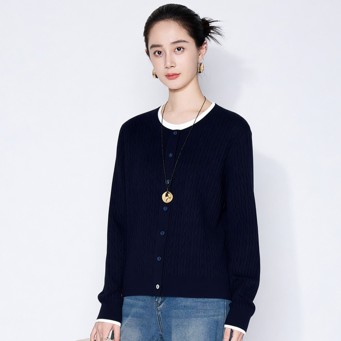 马天奴2026春夏新款拼色圆领单排扣提花针织开衫长袖毛衫气质时尚,淘宝优惠券,粉丝福利购,淘宝优惠卷