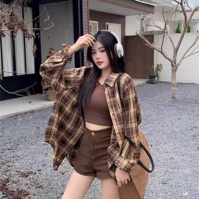 【秋冬新款】韩版hiphop撞色格子长袖衬衫宽松慵懒风百搭外套XL
