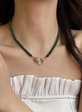 简约复古绿色串珠项链新款2024爆款轻奢小众颈链锁骨链配饰女秋冬