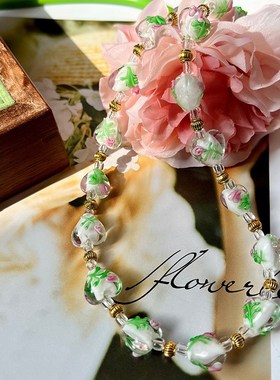 夏季小清新项链复古爱心穆拉诺琉璃透白色琉璃外镶小花青岛中古