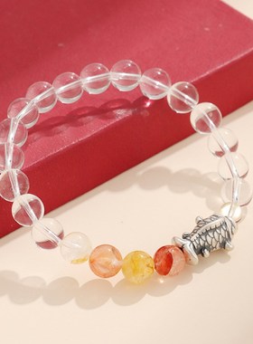 999银木鱼白水晶方糖手链女小众百搭高级感8mm红黄胶花手串