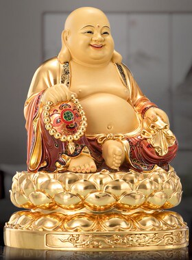 纯黄铜贴金彩绘弥勒佛菩萨大x肚开心笑佛招财开业摆件家用供奉佛