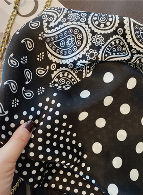 黑白波点腰果花圆点印花仿真丝装饰70cm方巾百搭装饰领巾小香风