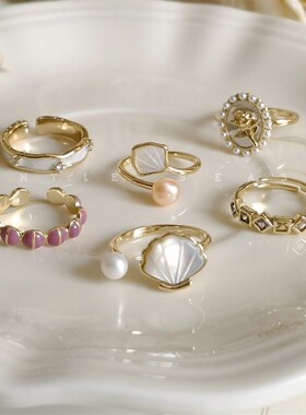 珍珠戒指女小众设计o高级感时尚个性可调节贝母复古指环网红爆款