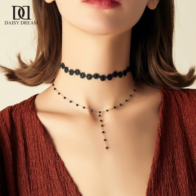 日韩黑色项链女颈带n网红简约气质锁骨链冷淡风高级感蕾丝颈饰颈