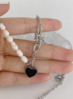 天然珍珠拼接链条黑色爱心项链 轻奢小众锁骨链高级设计感OT手链