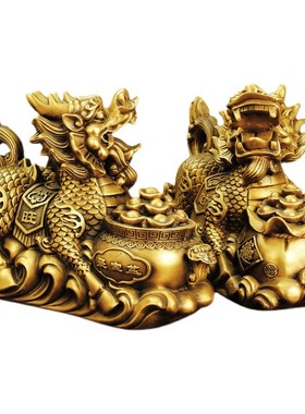 纯铜麒麟摆件一对大号聚宝盆麒麟客厅玄关家居R办公室桌面装饰礼