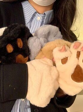 手套女冬季加绒加厚可爱猫爪半指保暖防寒学生写字露指骑行电动车
