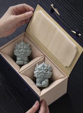 新中式国风青砂石麒麟摆件一对家居桌面茶桌装饰品工艺品造景摆件