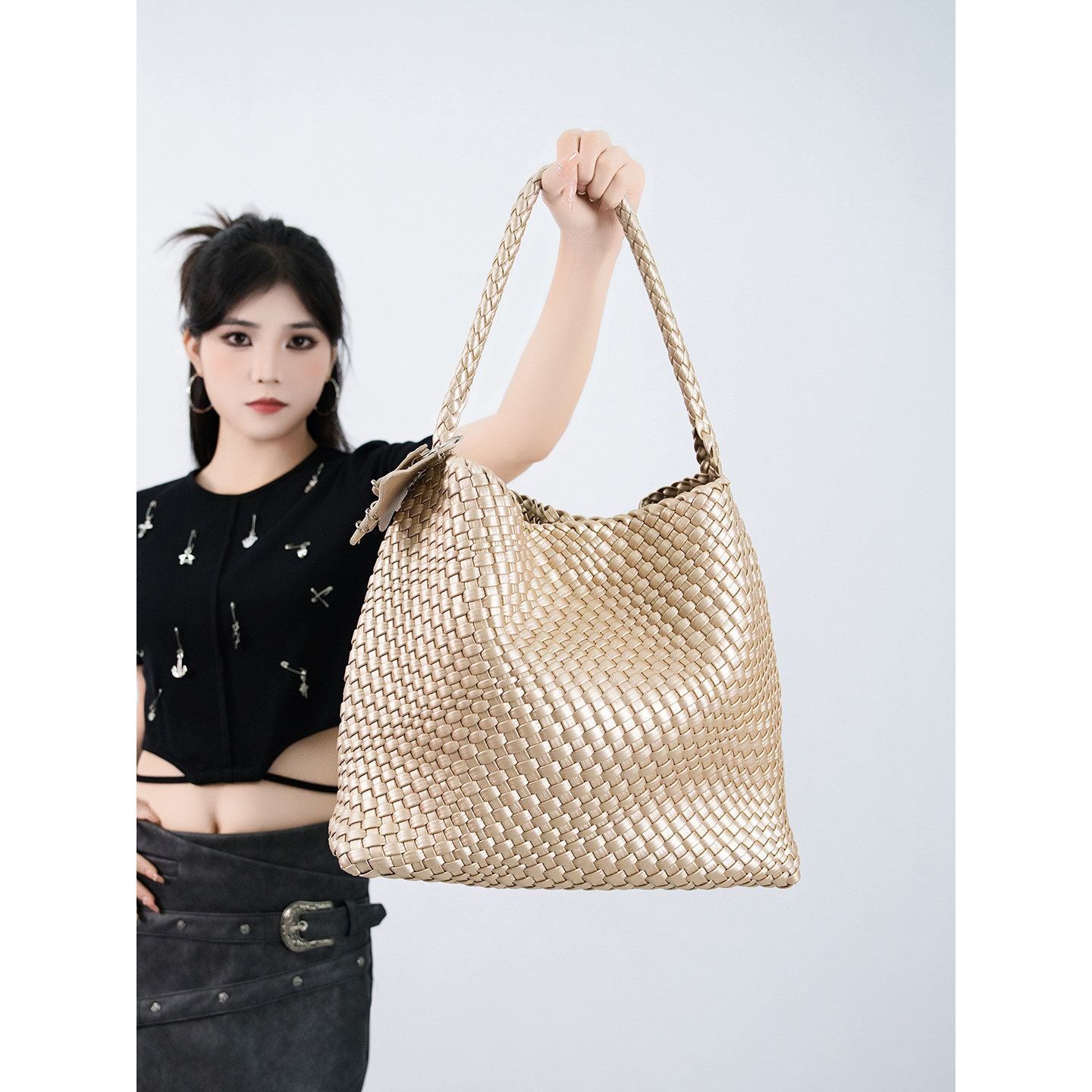 JOZY原创设计枪枪同款香槟色编织托特包大容量通勤手提单肩斜挎包,淘宝优惠券,粉丝福利购,淘宝优惠卷