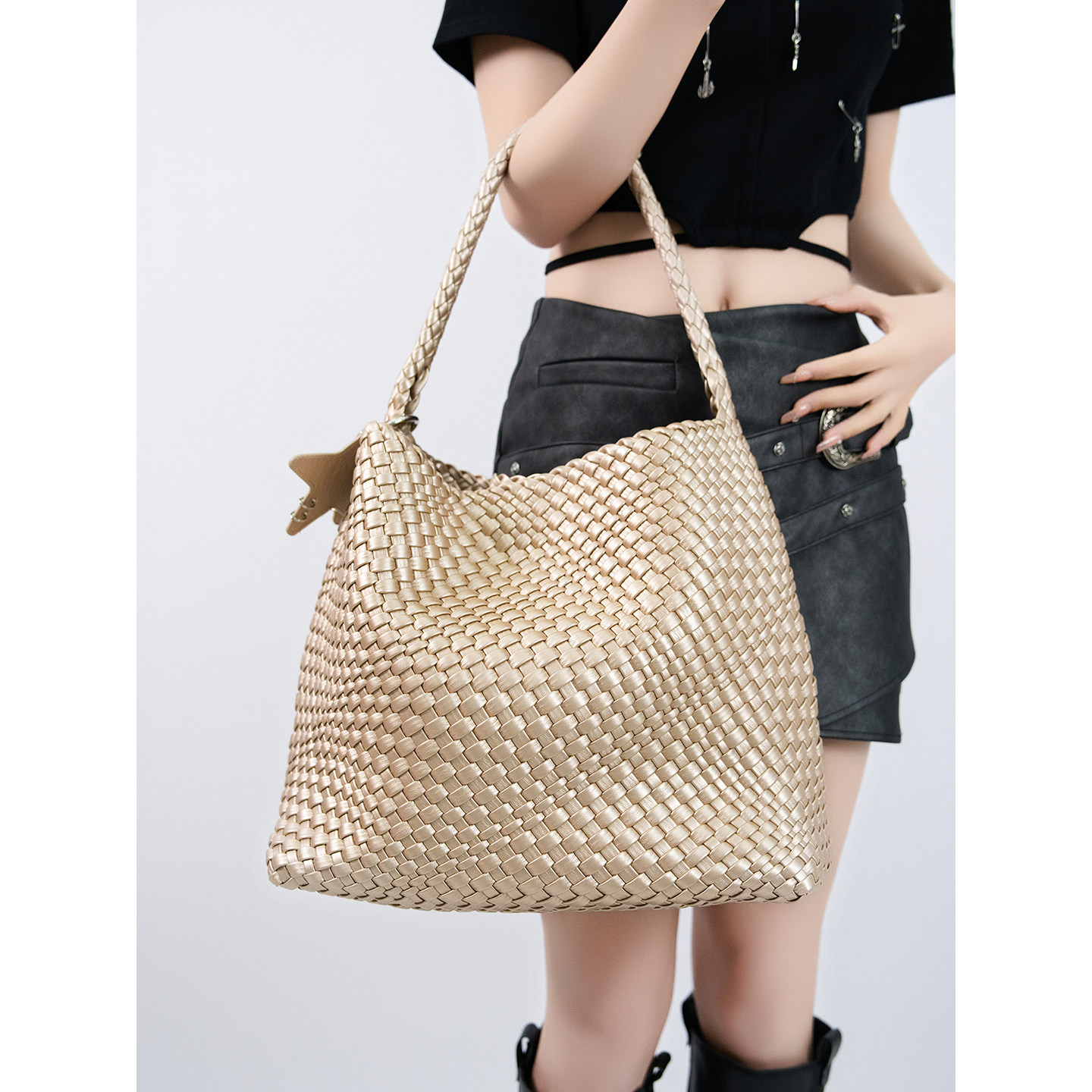 JOZY原创设计枪枪同款香槟色编织托特包大容量通勤手提单肩斜挎包,淘宝优惠券,粉丝福利购,淘宝优惠卷