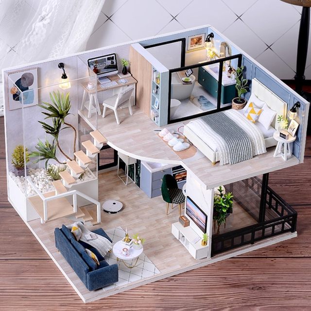 Duplex loft doll house miniature scene assembly model