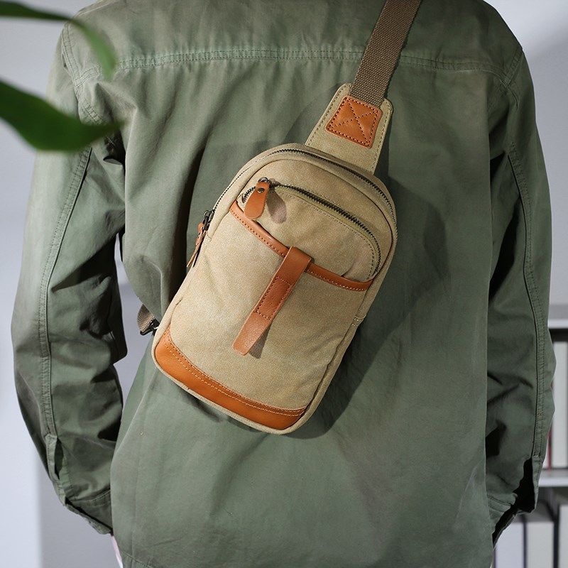 胸包男帆布复古文艺小背包配真皮男士单肩斜挎包运动休闲胸前包,淘宝优惠券,粉丝福利购,淘宝优惠卷