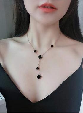 四叶幸运草彩金项链五花毛衣链女大小双面钛钢不掉色轻奢流苏气质