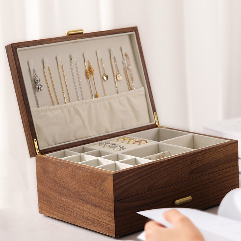 黑胡桃木双层首饰盒项链耳环戒指饰品高级轻奢实木收纳盒结婚礼物 - 图0