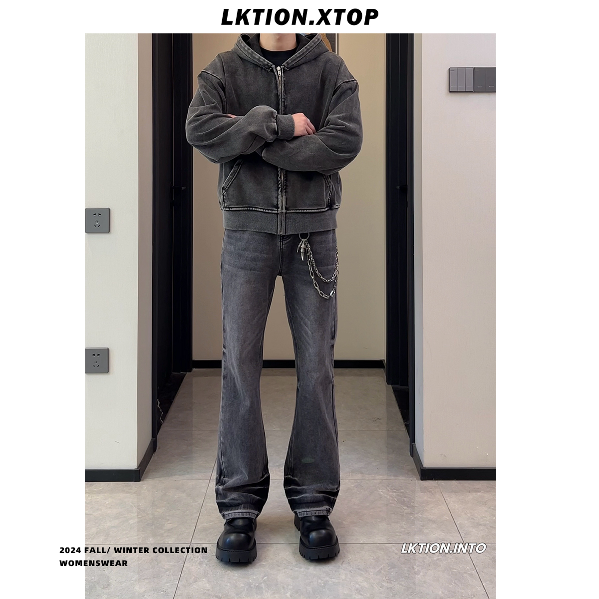 LK官方正品 美式复古潮新品巴家直筒微喇牛仔裤显瘦显腿长男裤子