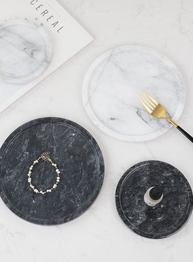 极速北欧简约g风天然大理石托盘小圆盘甜点盘子收纳盘杯垫摆件展