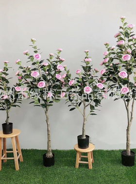 仿真玫瑰花盆栽假月季花客厅餐桌摆件茶花仿真绿植盆栽干花可批发