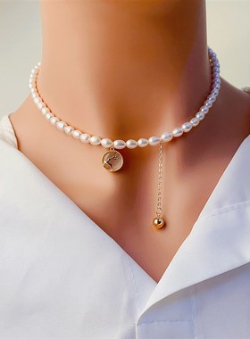 韩版时尚淡水珍珠项链高级感满钻锆石流苏锁骨链女小众设计项链女