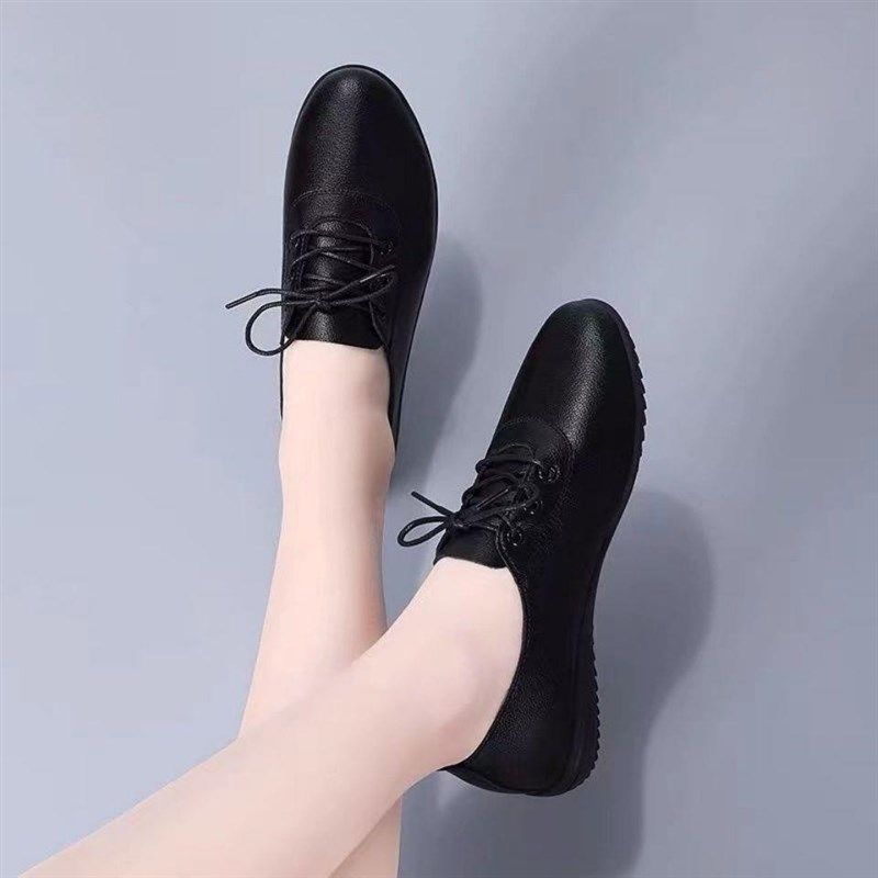 软皮女单鞋d小白鞋系带圆头工作鞋防滑平底皮鞋女软底中年妈妈鞋,淘宝优惠券,粉丝福利购,淘宝优惠卷