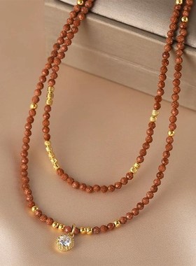 金沙石项链女小众设计感极细串珠轻奢复古叠戴锁骨链