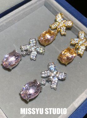 轻奢耳钉真金耳环椭圆形蝴蝶结