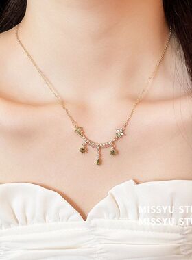 真金锆石锁骨女花朵！水滴星坠时尚高级感18k彩晶电镀链项链轻奢