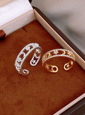 月亮简约星星锆石电镀真金女小众小众手饰高级感18k戒指指环开口