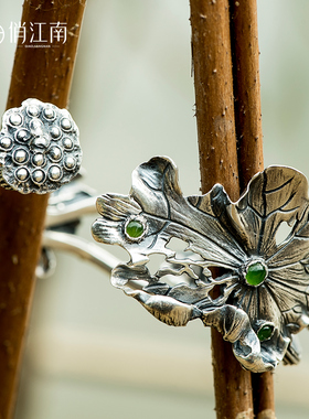 非遗錾刻镶碧玉两世欢99足银手镯