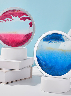 新品创意流沙画圆形桌面装饰液体沙漏usb小夜灯牀头Y小灯山水画小