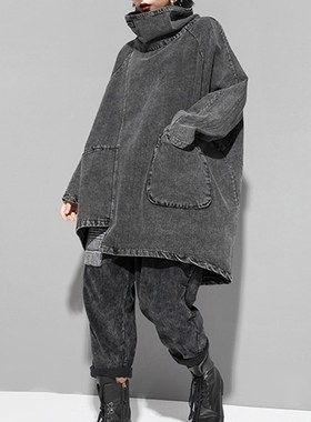 极速[EAM] Loosje Fit Black Denim Big Size Sweatshirt New Hig