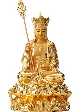 极速台湾纯铜贴金地藏王菩佛像地藏菩G萨家用供奉娑婆三圣工艺摆