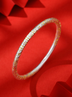 圆棍描金吉言招财猫银手镯足银9999实心闭口年轻款纯银镯子送女友