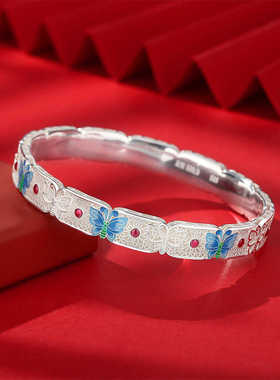 珐琅蝴蝶纯银手镯足银9999景泰蓝镂空闭口新中式银镯子送女友礼物