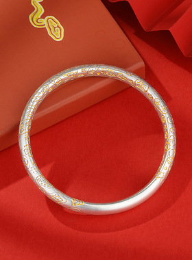 描金招财猫平安喜乐福字纯银手镯女足银9999新中式级感中空银镯子