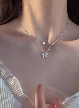 叠戴蝴蝶项链女2024年新款女款轻奢小众纯银配饰高级感银饰锁骨链