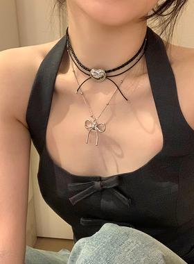 夏季pu皮爱心蝴蝶结项链ch