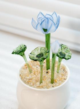 蓝莲花琉璃玻璃纯手工家居装饰书桌摆件小众淄博琉璃荷花琉璃摆件