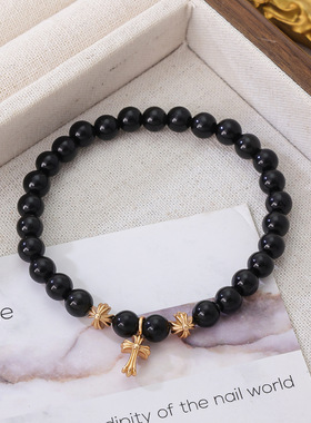 克罗24K复古十字架天然手串