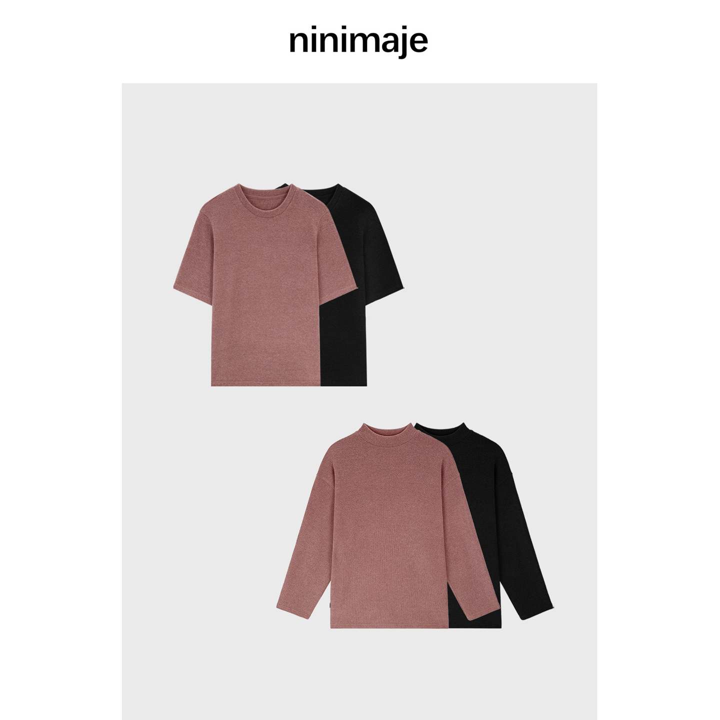 南北贝'针织t'极简设计纯色叠穿圆领短袖上衣+好看显瘦长袖两件套 - 图3